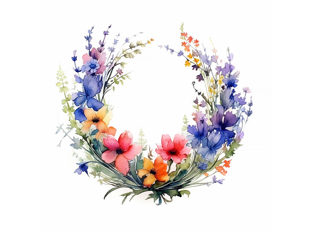 Wildflower Wreath Clipart Bundle, Digital Download, Watercolor, Wall