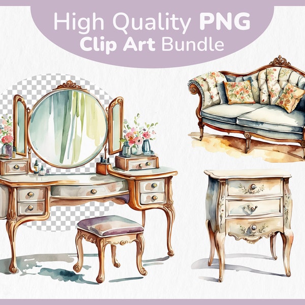 Old Vintage Furniture Clipart Bundle - 12x PNG Images Transparent Background - Watercolor Painted Retro Furniture - Commercial Use