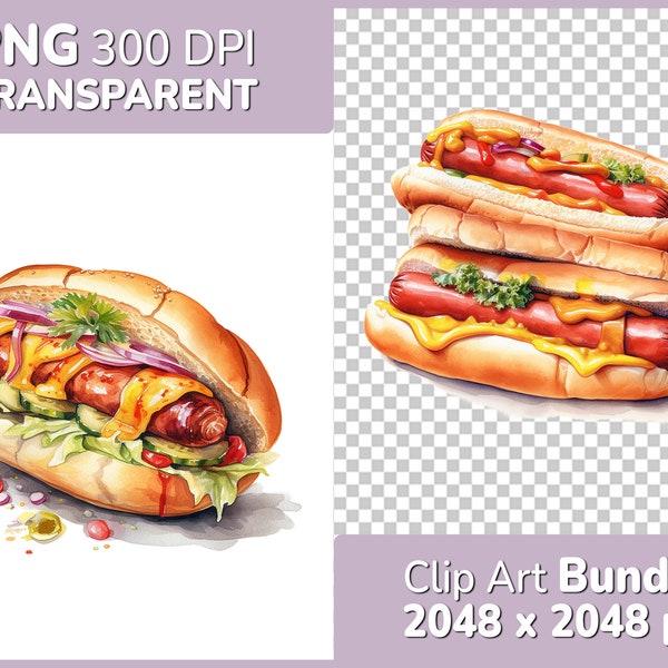 Hot Dogs Food Clipart Bundle - 8x Detailed Watercolor Designs - PNG Transparent Background - Commercial Use, Food, Fast Food