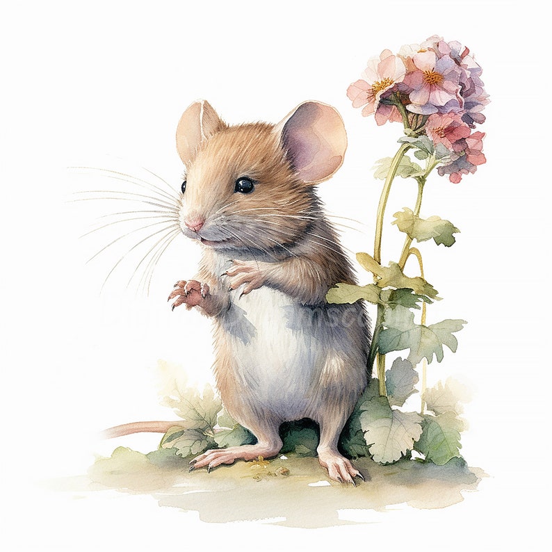 Süße Maus mit Blume Clipart Bundle Digitaler Download, Aquarell Clip