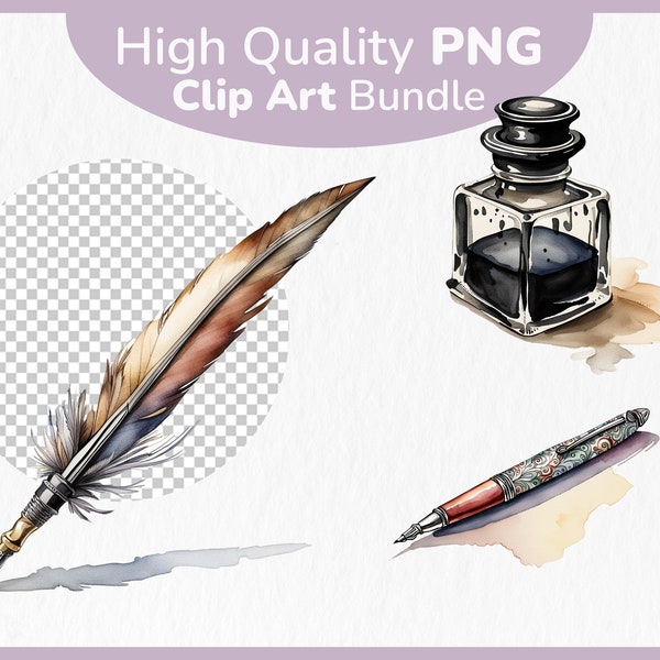 Pennen & Inkwells Clipart Bundel - 12x PNG Afbeeldingen Transparante Achtergrond - Aquarel Geschilderde Retro Vulpen - Commercieel Gebruik