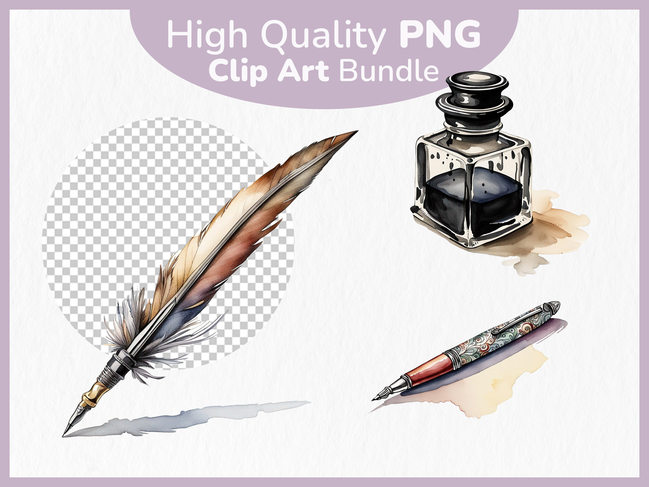 Pen Clip Art, Watercolor Pen Illustrations, Handmade Graphics 