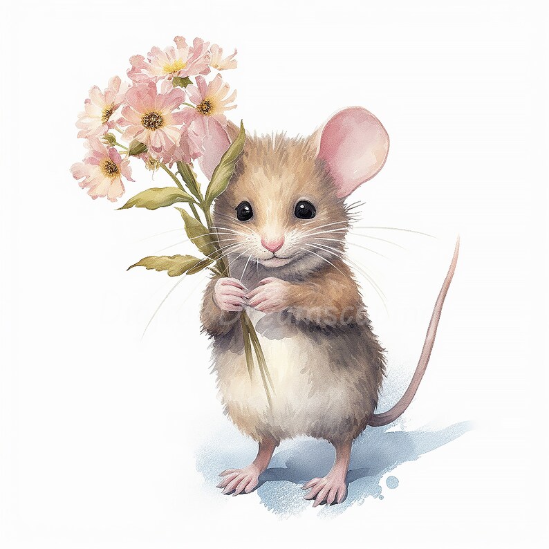 Süße Maus mit Blume Clipart Bundle Digitaler Download, Aquarell Clip