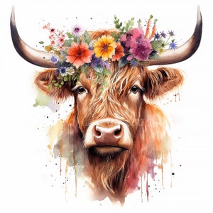 Highland Cow With Flowers Clipart Bundle Digital Download, Watercolor ...
