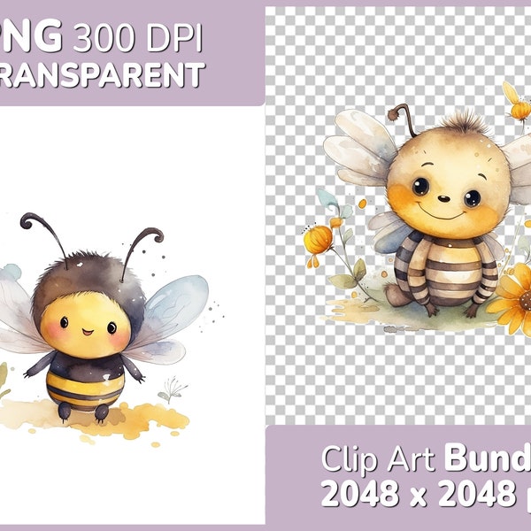 Cute Baby Bees Bee Motifs Clipart Bundle - Cute Watercolor Illustrations - Baby Shower, Kids Birthday, Decoration, Baby Shower