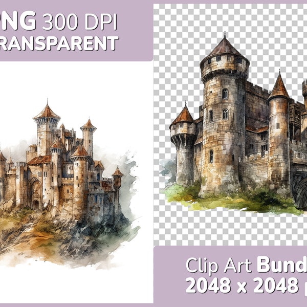 Medieval Castles Clipart Bundle - 8x detailed watercolor motifs - PNG with transparent background - Commercial use