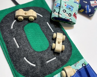 Take-Along Car Track: roll up, compact, race car mat, car playscape, handmade toy car organizer, unfinished wood car toy, need four speed
