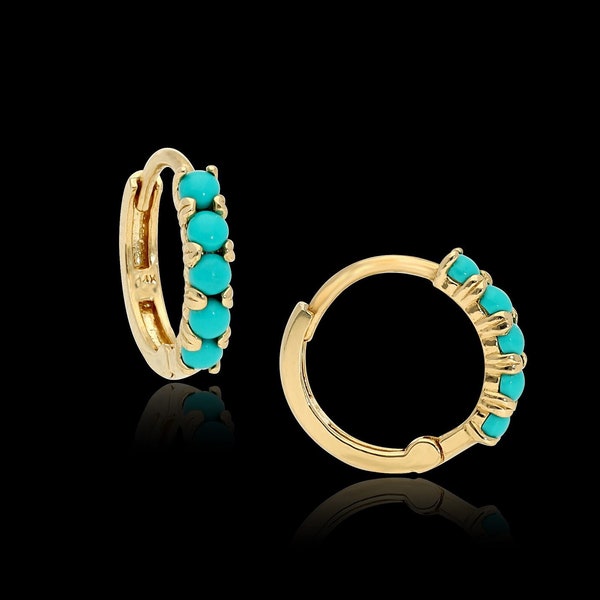 Boucles d'oreilles Huggie en or massif 585 14K, boucle d'oreille turquoise, piercing en or turquoise, cerceau d'hélice, piercing tragus, bague Daith, bijoux en or septum