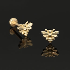 14k Solid Gold Tiny Bee Threaded Labret Piercing, Fine Body Jewelry, Rook Piercing, Tragus Piercing, Cartilage Piercing, Gold Flatback Stud