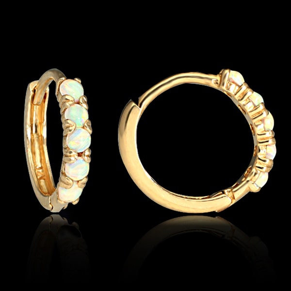 Solid 585 14K Gold Huggie Earrings, White Opal Earring, Opal Gold Piercing, Helix Hoop, Tragus Piercing, Daith Ring Piercing, Septum Jewelry