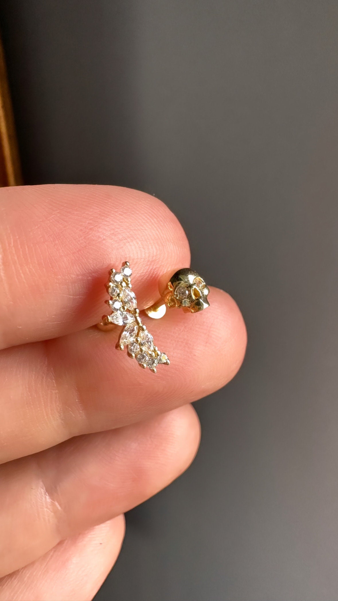 14K Solid 585 Gold Diamond Skull Piercing Fine Body Jewelry Etsy