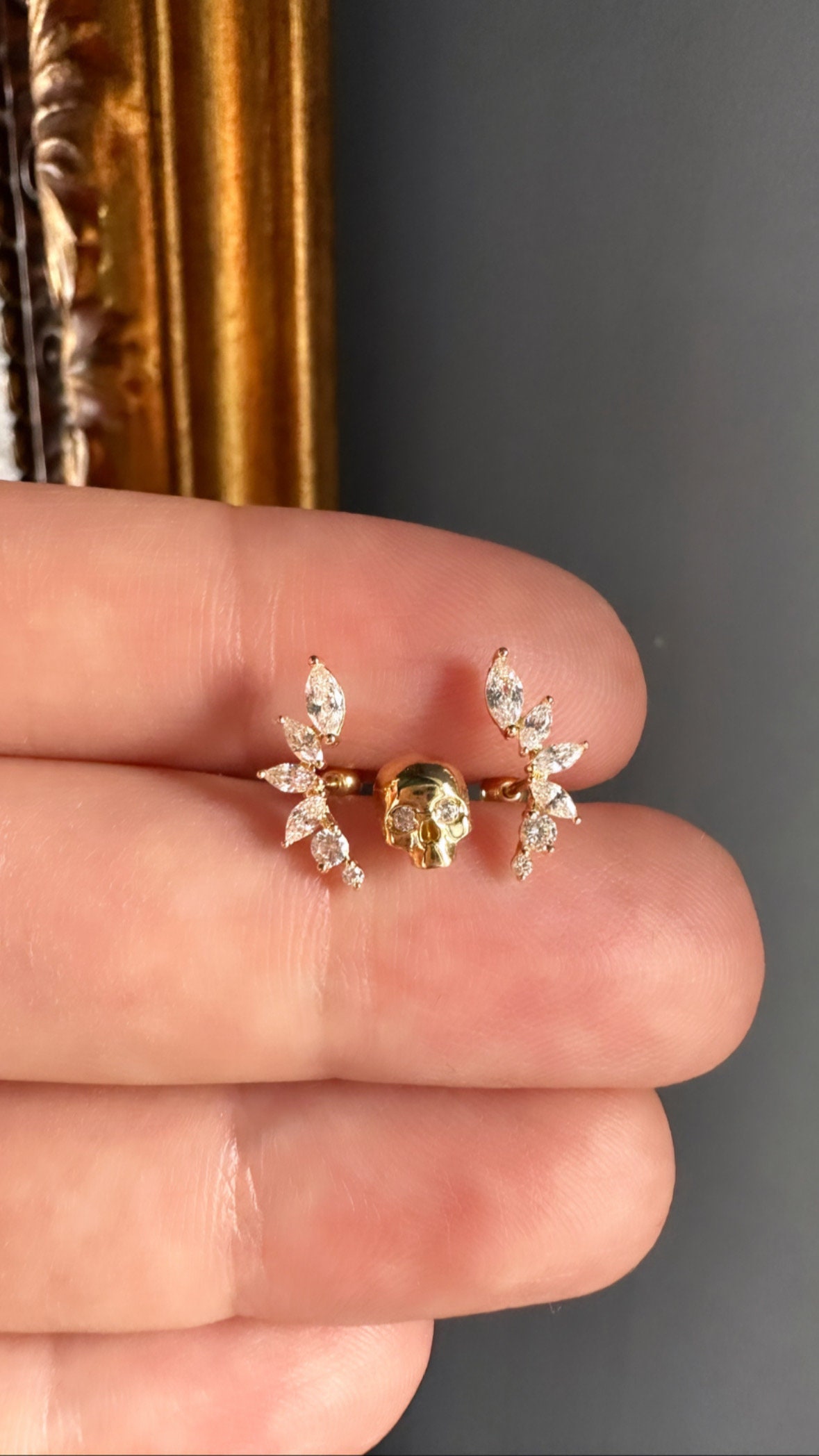 14K Solid 585 Gold Diamond Skull Piercing Fine Body Jewelry Etsy