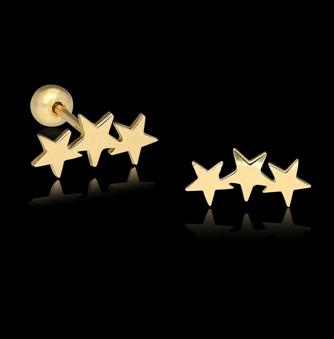 14K Solid 585 Gold Triple Star Piercing, Celestial Jewelry, Helix ...