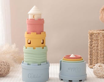 Personalized Silicone Castle Stacking Toy, Engraved Name, Baby Gift