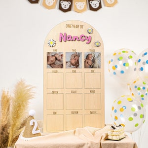Tablero de fotos de primer cumpleaños con diseño de Daisy, tablero de fotos de hitos mensuales, letrero con fotos de cumpleaños, exhibición de primer cumpleaños, decoración para fiesta de primer cumpleaños