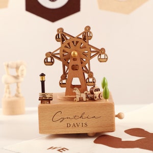 Caja de música de cumpleaños de la noria, caja de música de madera, caja de música hecha a mano de madera personalizada, 1er cumpleaños, regalo de caja de música personalizada, regalo de bebé