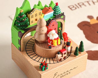 Custom Christmas Town Music Box, Personalised Rotating Santa Village Wooden Music Box, Musical Train, Xmas Keepsake Gift for Toddlers