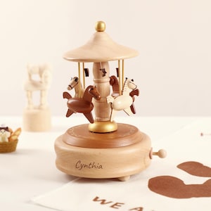 Caja de música personalizada, carrusel musical, carrusel musical de madera personalizado hecho a mano, regalo de baby shower, regalo para niños, regalo de recuerdo grabado