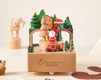 Handmade Rotating Christmas Music Box, Personalized Wooden Music Box, Christmas Eve Gifts, Gift for Kid, Musical Train, Birthday Gift