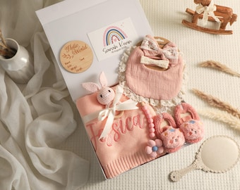 Personalized Baby Girl Gift Set, Knitted Blanket, Crochet Rattle