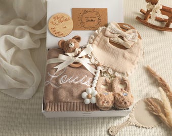 Personalized Baby Gift Set, Knitted Blanket, Crochet Rattle, Newborn Keepsake