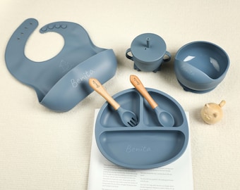 Tiefblaue Silikon-Weaning-Set, Silikongeschirr, personalisiertes Kindergeschirr, Gravur-Silikon-Set 6-teilig, Geburtsbox, Baby-Geschenke