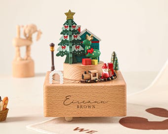Christmas Rotating Music Box With Name, Custom Engraved Wooden Train Musical Box, 1st Christmas, Gift for Kid Toddler, Holiday Gift