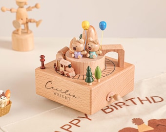 Bear Paradise Train Birthday Music Box, Custom Wooden Handmade Music Box, 1st Birthday, Personalised Music Box Gift, Newborn Gift, Christmas