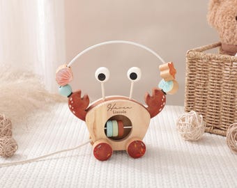 Personalised Pull Along Crab, Baby Birth Gift, Animal Shape Push Toy, Educational Toddler Gift, Twine Crab for Kids, Baby Christmas Gift