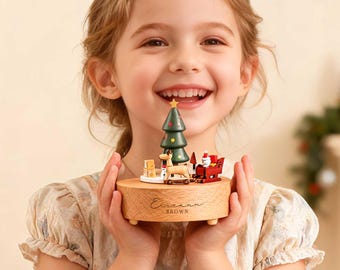 Christmas House Train Music Box, Personalized Wooden Handmade Music Box, Baby Christmas Gift, Engraved Name Music Box, Newborn Keepsake