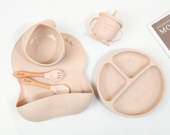 Personalised Child Tableware, Silicone Tableware, Beige Silicone Weaning Set, Engraved Feeding Silicone Set 6 Pcs, Birth Box, Baby Gifts