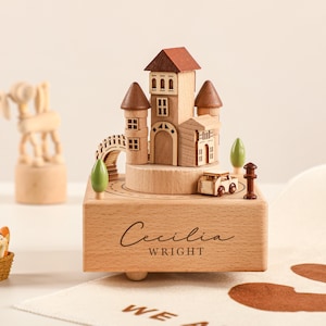 Caja de música de lujo con forma de castillo, caja de música de madera, caja de música de madera personalizada, regalo para primer cumpleaños, regalo para bebé