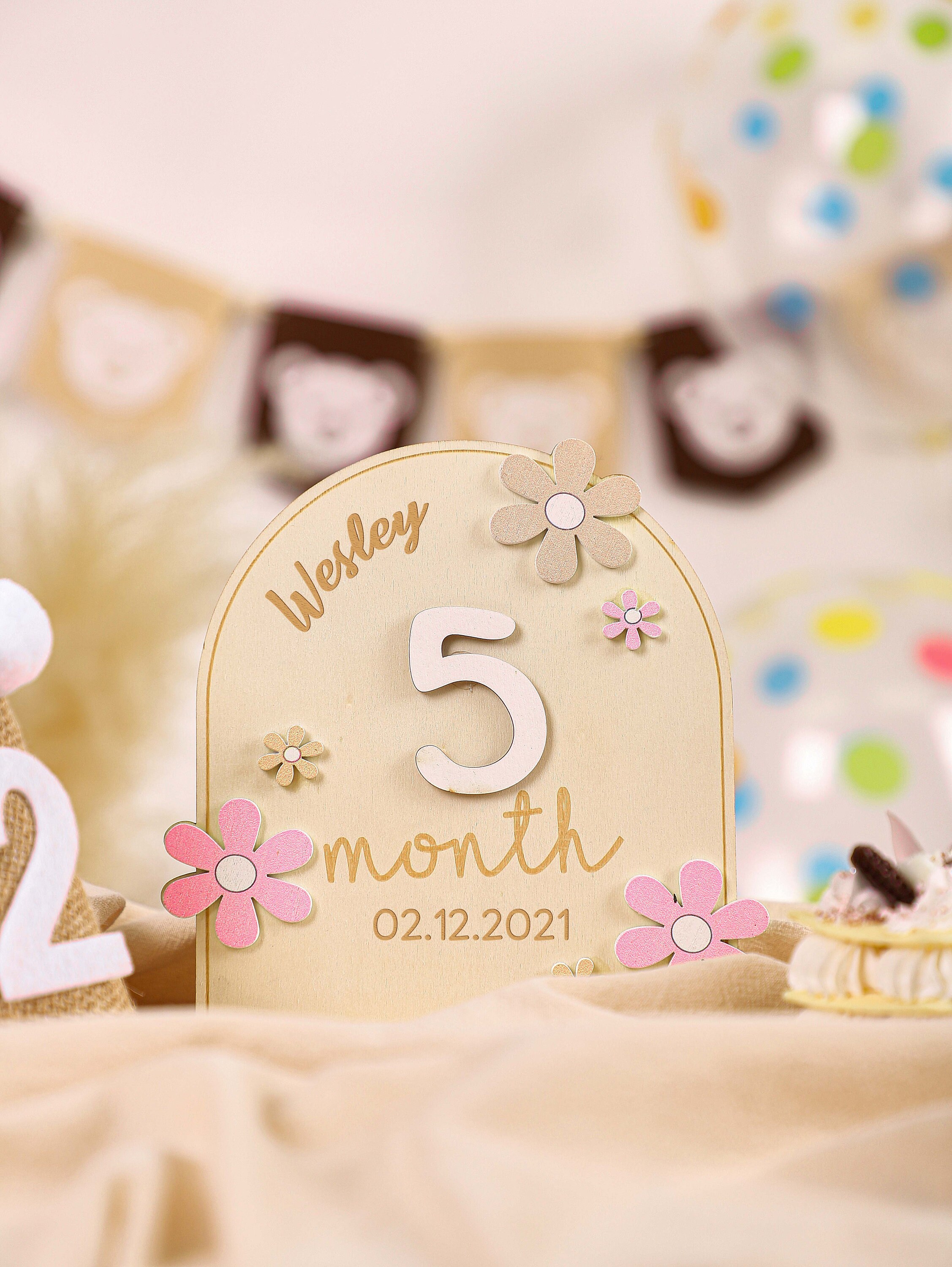 Wooden 3D Daisy Flower Monthly Milestone, Custom Name Baby Milestone ...
