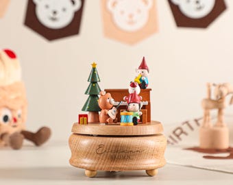 Personalised Christmas Music Box, Rotating Bear Band Wooden Musical Box, Custom Christmas Keepsake, Birthday Gift, Newborn Baby Gift
