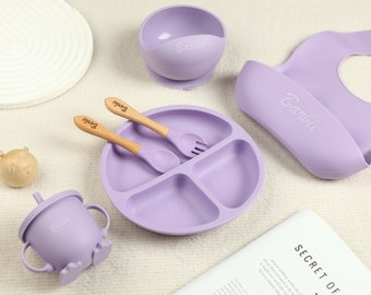 Ensemble de sevrage en silicone violet, vaisselle enfant personnalisée, vaisselle en silicone, ensemble de silicone d'alimentation gravé 6 pcs, coffret de naissance, cadeaux bébé