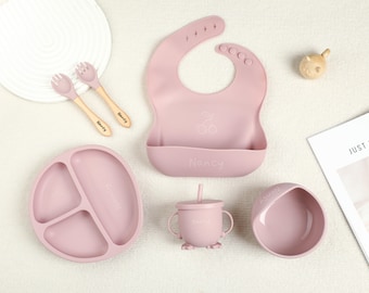 Set de sevrage en silicone rose clair, Vaisselle en silicone, Vaisselle personnalisée pour enfant, Set d'alimentation en silicone gravé 6 pcs, Boîte de naissance, Cadeaux bébé