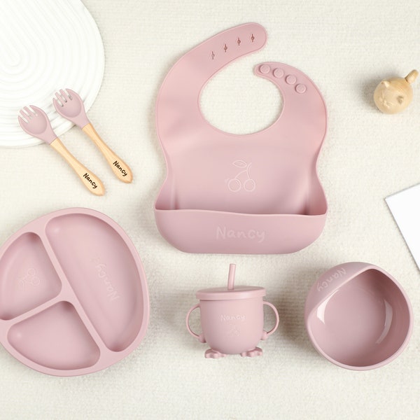 Lightpink Silicone Weaning Set, Silicone Tableware, Personalised Child Tableware, Engraved Feeding Silicone Set 6 Pcs, Birth Box, Baby Gifts