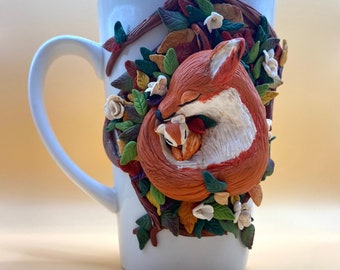 Fox Mug, Autumn MUG, Winter Mug, Christmas gift Mug, Polymer clay Mug, Handmade Mug, Unique Mug, Mothers Day Mug