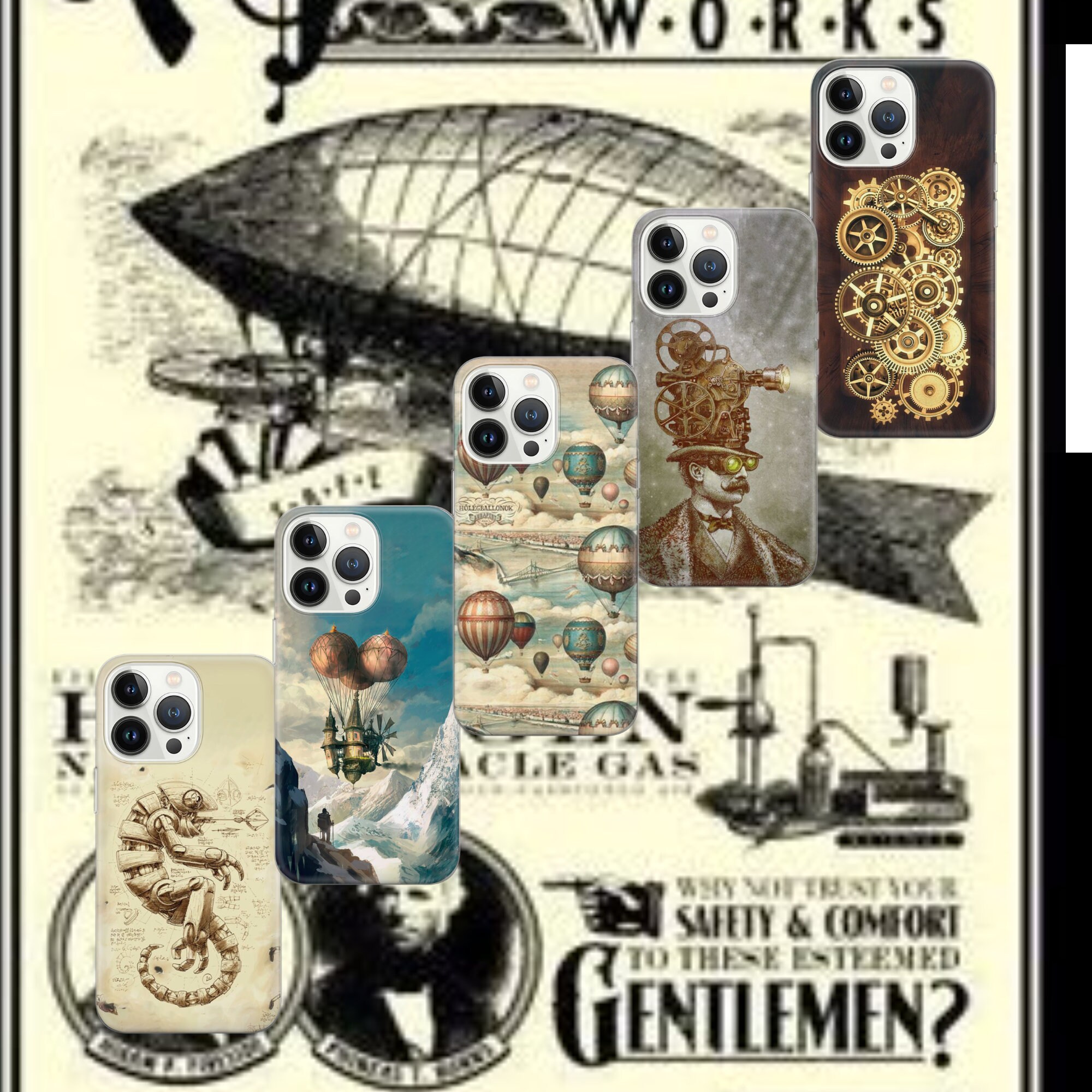 Steampunk Phone Schematic Cover for Pixel 7 6A, iPhone 14 13 12 Pro 11 XR for Samsung S23  A73 A53