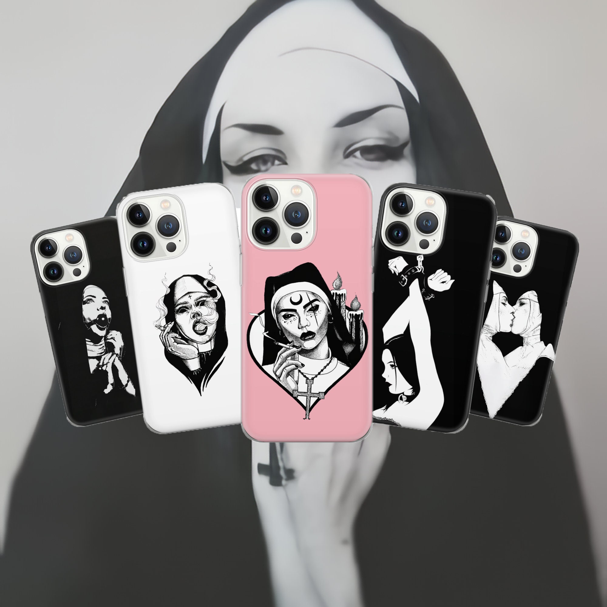 Sexy nun Phone Nun Cover for Pixel 7 6A, iPhone 14 13 12 Pro 11 XR for Samsung S23  A73 A53