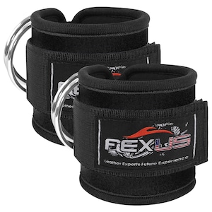 May include: Pair of black ankle straps for weightlifting, featuring a sturdy design with a metal D-ring and a Velcro closure. The straps have a label with the text "REXUS" and the tagline "Leather Experts Future Experience".