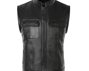 Men's Genuine Leather SOA Biker Vest, Black Riding Jacket with Pockets