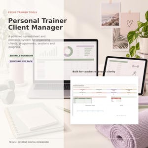 May include: A digital personal trainer client manager system featuring a laptop and tablet displaying spreadsheets, charts, and a business dashboard. The text reads FEXUS TRAINER TOOLS, Personal Trainer Client Manager, Editable Workbook, Printable PDF Pack, and Built for coaches who want clarity.