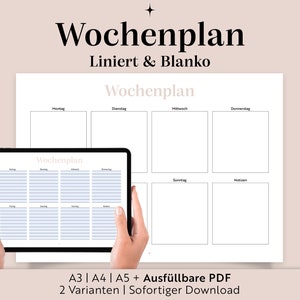 Könnte beinhalten: Ein digitales Tablet zeigt einen Wochenplan mit linierten und leeren Abschnitten. Der Planer ist mit "Wochenplan" in deutscher Sprache betitelt. Das Tablet wird von Händen gehalten. Der Text unter dem Tablet lautet "A3 | A4 | A5 + Ausfüllbare PDF 2 Varianten | Sofortiger Download".