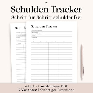 May include: Two white printable debt tracker sheets with the title "Schulden Tracker" in black font. A silver pen rests on the right side. The text "Schritt für Schritt schuldenfrei" is above the sheets. The bottom text says "A4 | A5 + Ausfüllbare PDF 2 Varianten | Sofortiger Download".