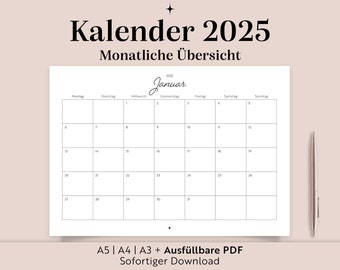 Calendar 2025 | A3 A4 A5 Fillable PDF | To print | German | Printable wall calendar | Family calendar | Planning | Organization