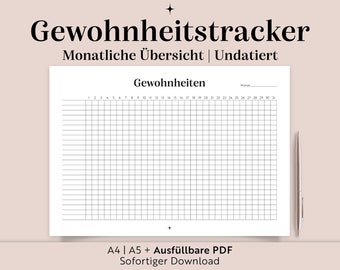 Rastreador de hábitos imprimible | A5/A4/PDF rellenable | Rastreador de hábitos Alemán | Resumen mensual | Descarga digital | Limpio