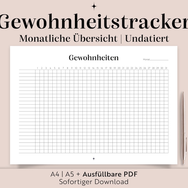 Printable habit tracker | A5/A4/Fillable PDF | Habit Tracker German | Monthly overview | Digital Download | Clean