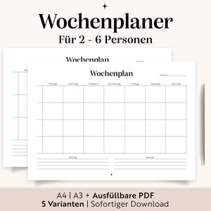 Weekly planner to print (A3, A4, fillable PDF) | Weekly planner for families | Landscape format | For 2 to 6 people | Family budget plan