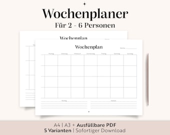 Weekly planner to print (A3, A4, fillable PDF) | Weekly planner for families | Landscape format | For 2 to 6 people | Family budget plan